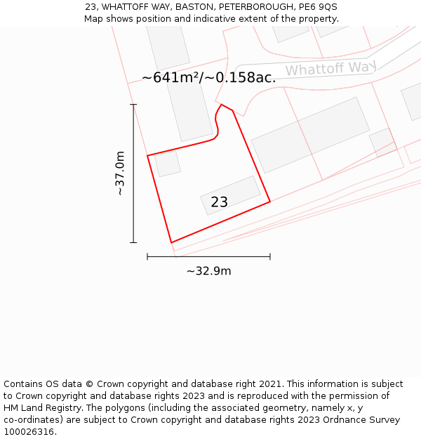23, WHATTOFF WAY, BASTON, PETERBOROUGH, PE6 9QS: Plot and title map