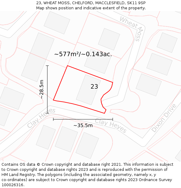 23, WHEAT MOSS, CHELFORD, MACCLESFIELD, SK11 9SP: Plot and title map