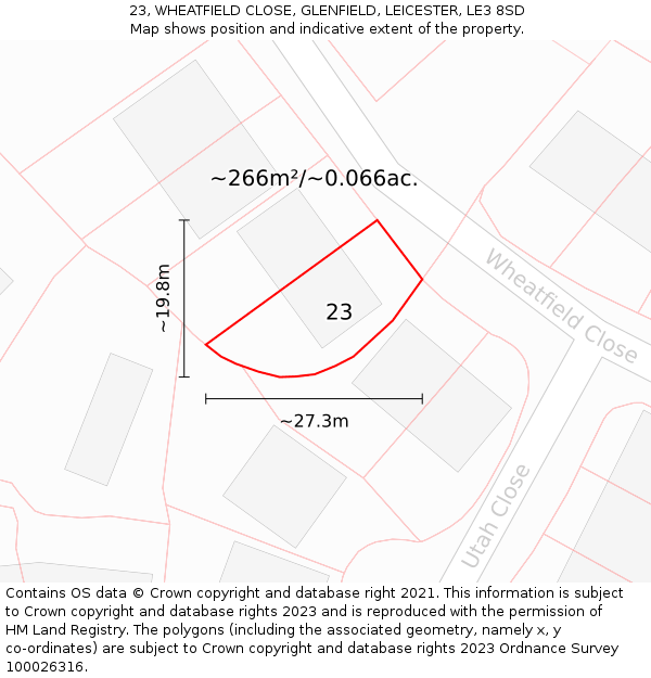 23, WHEATFIELD CLOSE, GLENFIELD, LEICESTER, LE3 8SD: Plot and title map