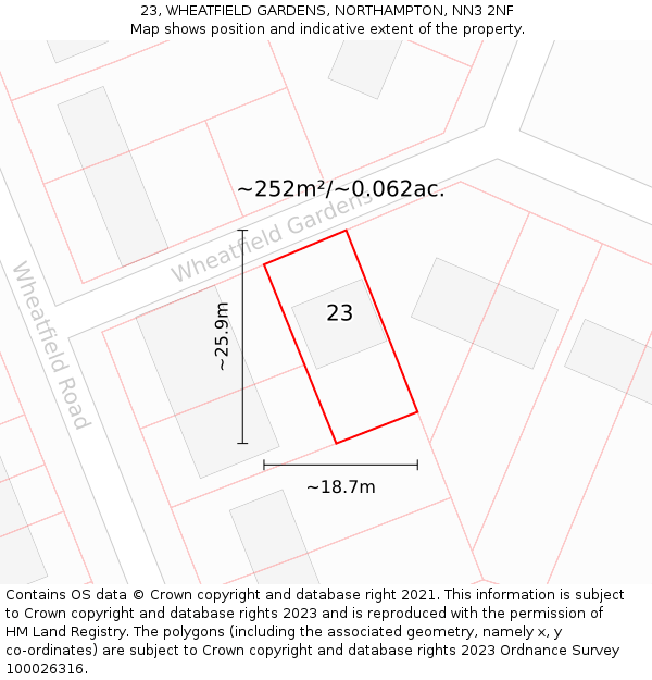 23, WHEATFIELD GARDENS, NORTHAMPTON, NN3 2NF: Plot and title map