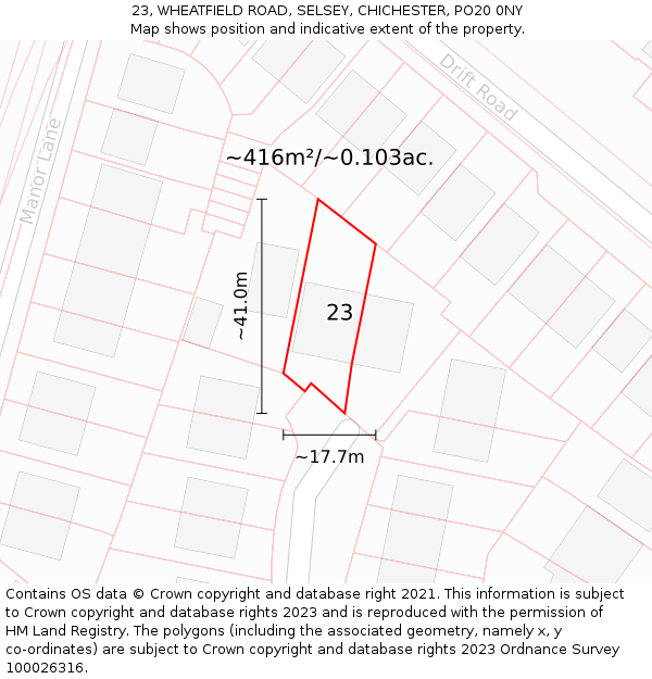 23, WHEATFIELD ROAD, SELSEY, CHICHESTER, PO20 0NY: Plot and title map