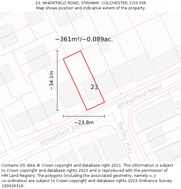 23, WHEATFIELD ROAD, STANWAY, COLCHESTER, CO3 0YA: Plot and title map