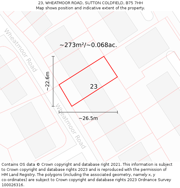 23, WHEATMOOR ROAD, SUTTON COLDFIELD, B75 7HH: Plot and title map
