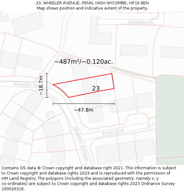 23, WHEELER AVENUE, PENN, HIGH WYCOMBE, HP10 8EN: Plot and title map