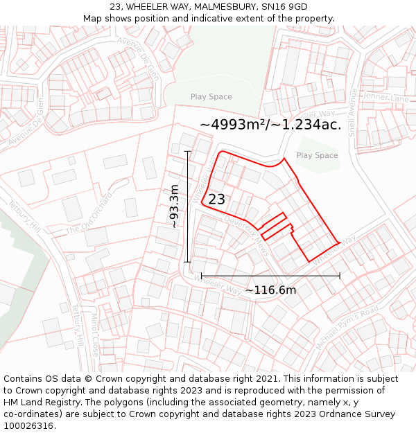 23, WHEELER WAY, MALMESBURY, SN16 9GD: Plot and title map