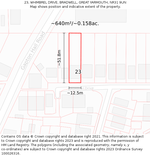 23, WHIMBREL DRIVE, BRADWELL, GREAT YARMOUTH, NR31 9UN: Plot and title map