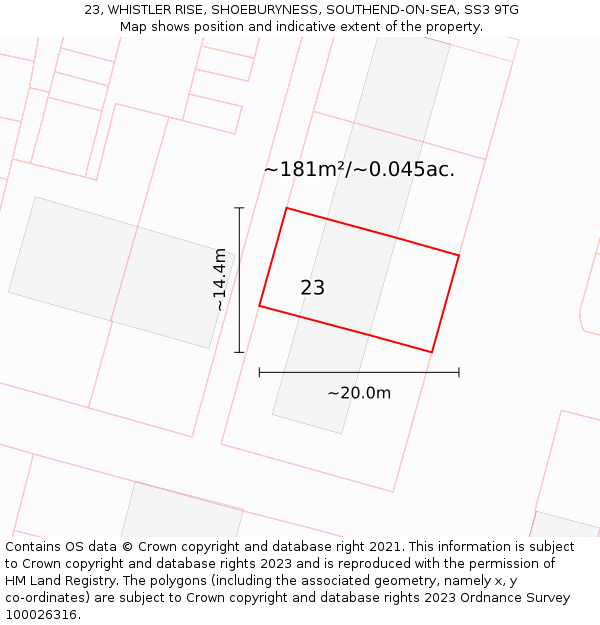 23, WHISTLER RISE, SHOEBURYNESS, SOUTHEND-ON-SEA, SS3 9TG: Plot and title map