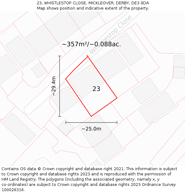 23, WHISTLESTOP CLOSE, MICKLEOVER, DERBY, DE3 9DA: Plot and title map