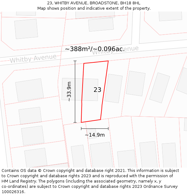 23, WHITBY AVENUE, BROADSTONE, BH18 8HL: Plot and title map
