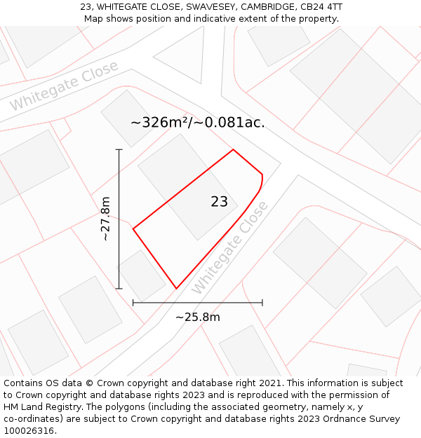 23, WHITEGATE CLOSE, SWAVESEY, CAMBRIDGE, CB24 4TT: Plot and title map