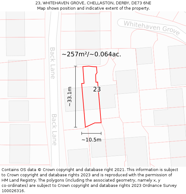 23, WHITEHAVEN GROVE, CHELLASTON, DERBY, DE73 6NE: Plot and title map