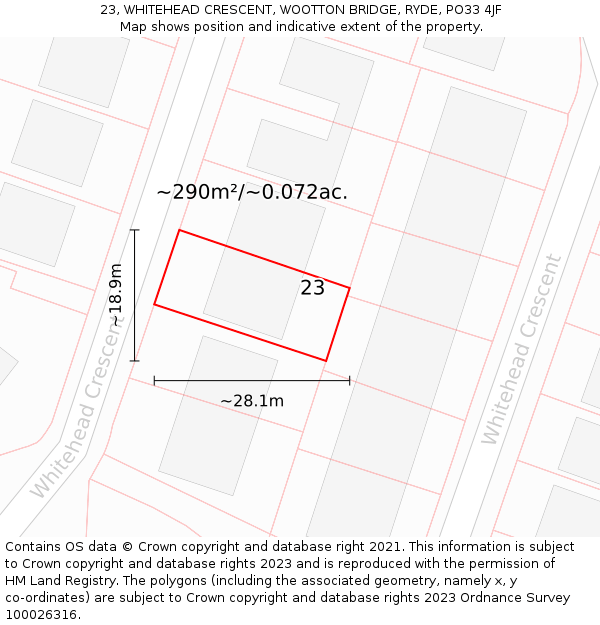 23, WHITEHEAD CRESCENT, WOOTTON BRIDGE, RYDE, PO33 4JF: Plot and title map