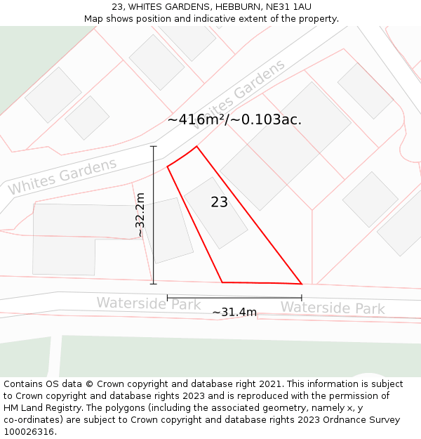23, WHITES GARDENS, HEBBURN, NE31 1AU: Plot and title map