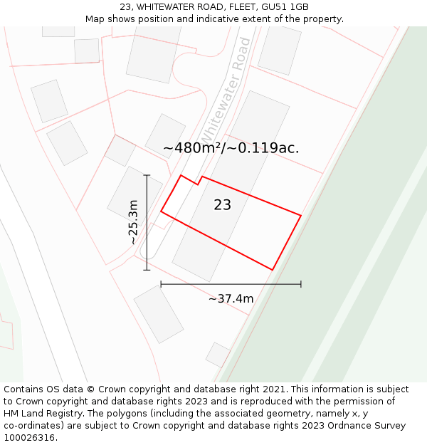 23, WHITEWATER ROAD, FLEET, GU51 1GB: Plot and title map