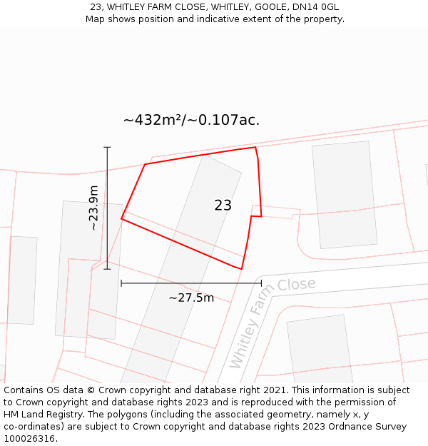 23, WHITLEY FARM CLOSE, WHITLEY, GOOLE, DN14 0GL: Plot and title map
