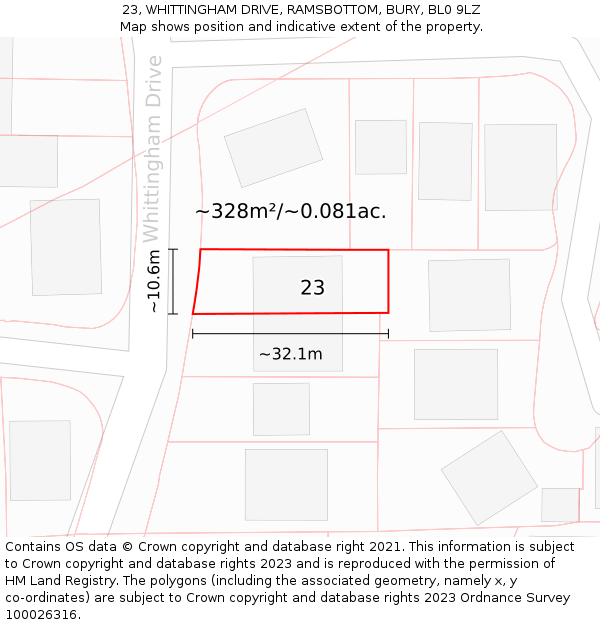 23, WHITTINGHAM DRIVE, RAMSBOTTOM, BURY, BL0 9LZ: Plot and title map