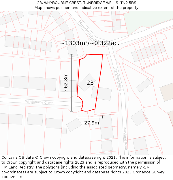 23, WHYBOURNE CREST, TUNBRIDGE WELLS, TN2 5BS: Plot and title map