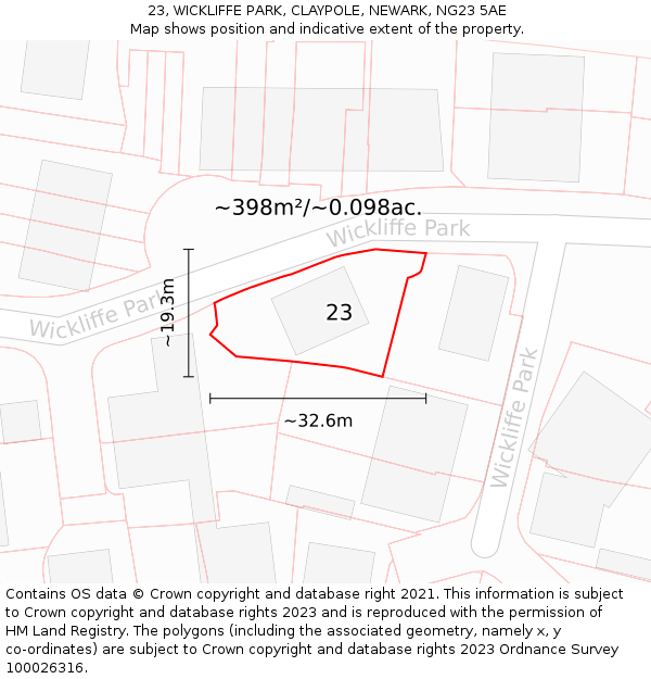 23, WICKLIFFE PARK, CLAYPOLE, NEWARK, NG23 5AE: Plot and title map