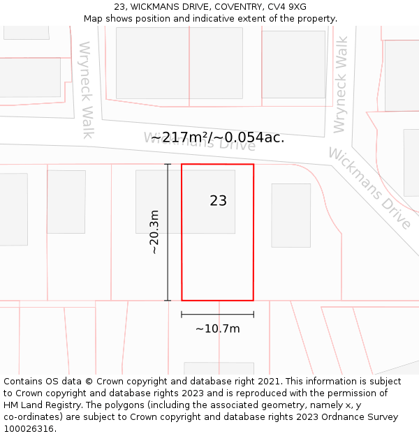 23, WICKMANS DRIVE, COVENTRY, CV4 9XG: Plot and title map