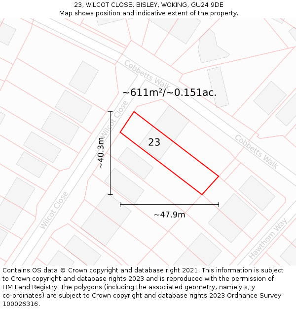23, WILCOT CLOSE, BISLEY, WOKING, GU24 9DE: Plot and title map
