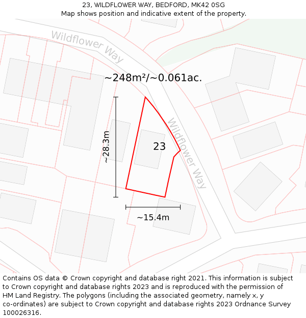 23, WILDFLOWER WAY, BEDFORD, MK42 0SG: Plot and title map