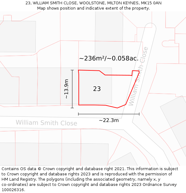 23, WILLIAM SMITH CLOSE, WOOLSTONE, MILTON KEYNES, MK15 0AN: Plot and title map