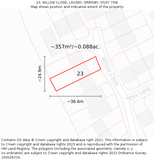 23, WILLOW CLOSE, LACEBY, GRIMSBY, DN37 7SW: Plot and title map