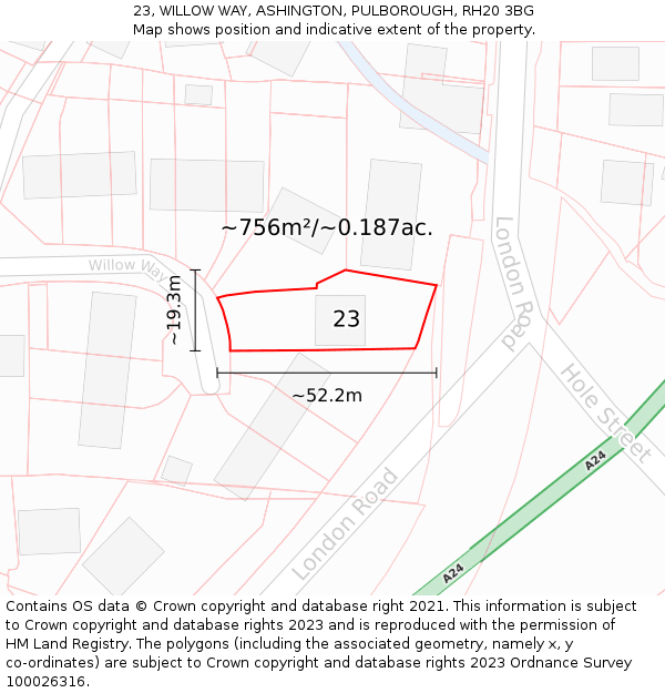 23, WILLOW WAY, ASHINGTON, PULBOROUGH, RH20 3BG: Plot and title map