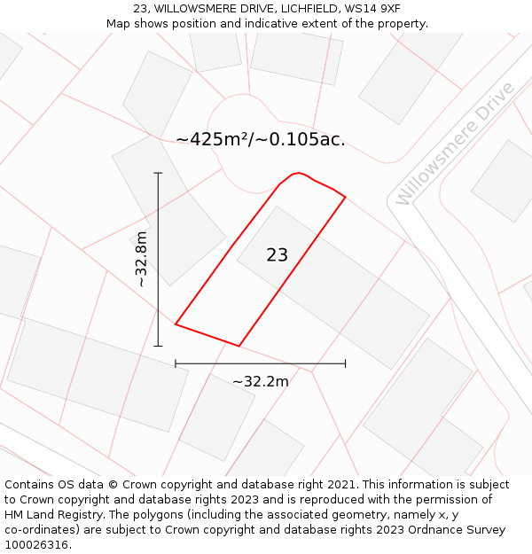 23, WILLOWSMERE DRIVE, LICHFIELD, WS14 9XF: Plot and title map