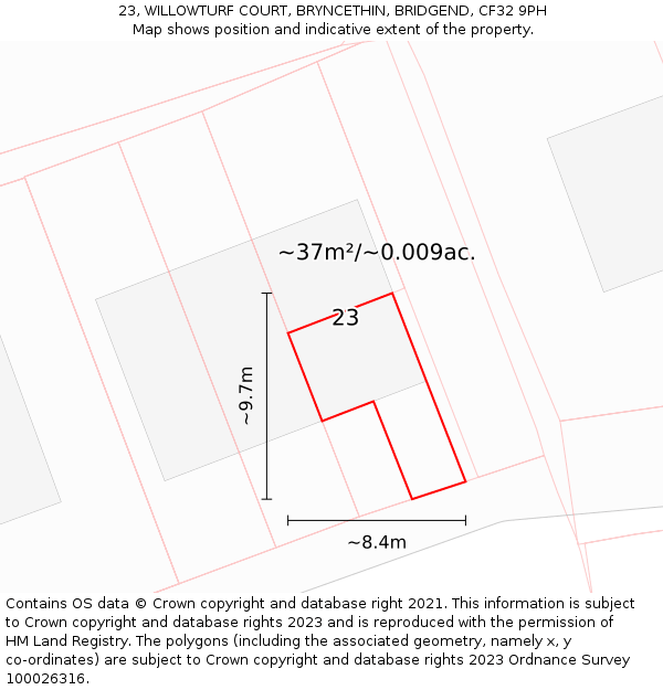23, WILLOWTURF COURT, BRYNCETHIN, BRIDGEND, CF32 9PH: Plot and title map