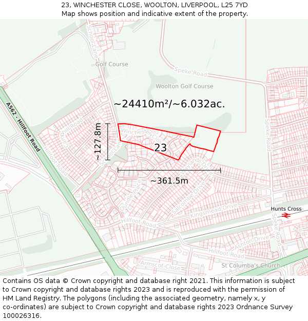 23, WINCHESTER CLOSE, WOOLTON, LIVERPOOL, L25 7YD: Plot and title map