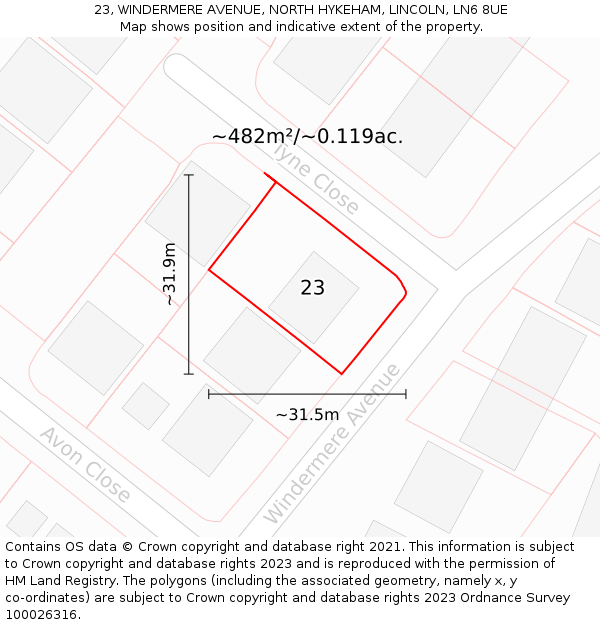 23, WINDERMERE AVENUE, NORTH HYKEHAM, LINCOLN, LN6 8UE: Plot and title map