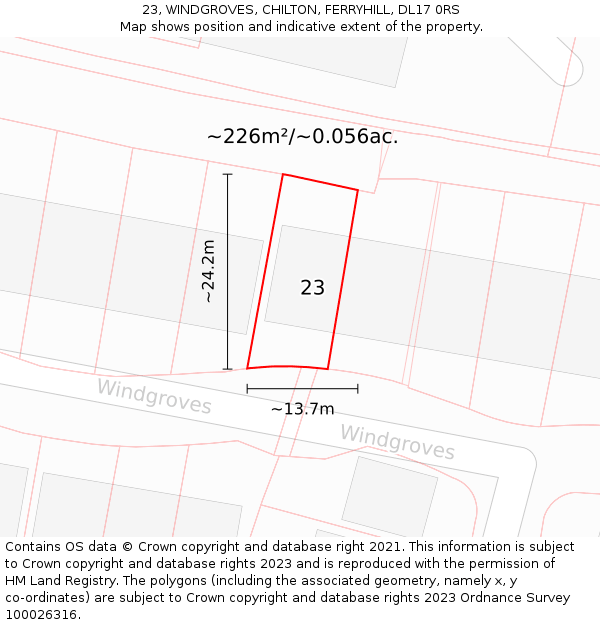 23, WINDGROVES, CHILTON, FERRYHILL, DL17 0RS: Plot and title map
