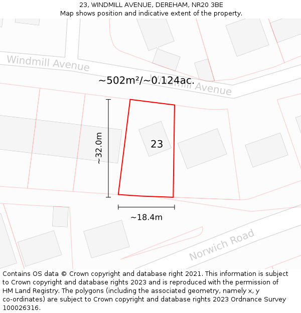 23, WINDMILL AVENUE, DEREHAM, NR20 3BE: Plot and title map
