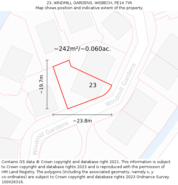 23, WINDMILL GARDENS, WISBECH, PE14 7YA: Plot and title map