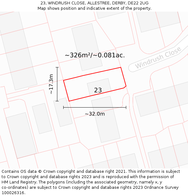 23, WINDRUSH CLOSE, ALLESTREE, DERBY, DE22 2UG: Plot and title map