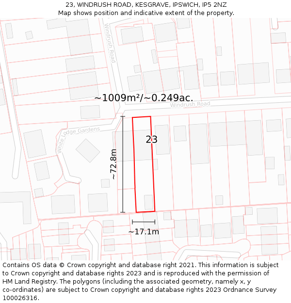 23, WINDRUSH ROAD, KESGRAVE, IPSWICH, IP5 2NZ: Plot and title map