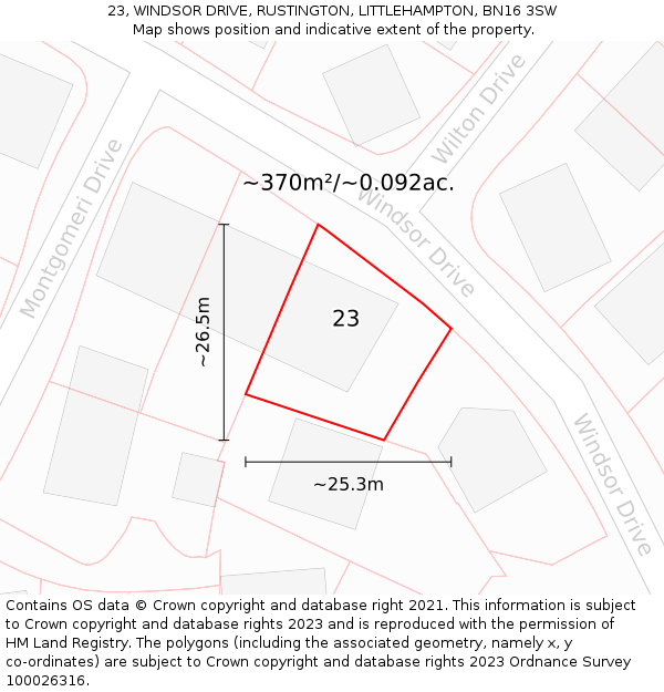 23, WINDSOR DRIVE, RUSTINGTON, LITTLEHAMPTON, BN16 3SW: Plot and title map