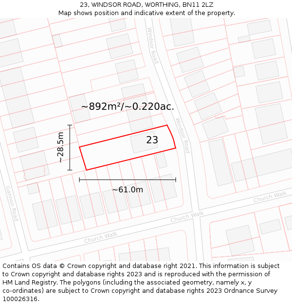 23, WINDSOR ROAD, WORTHING, BN11 2LZ: Plot and title map