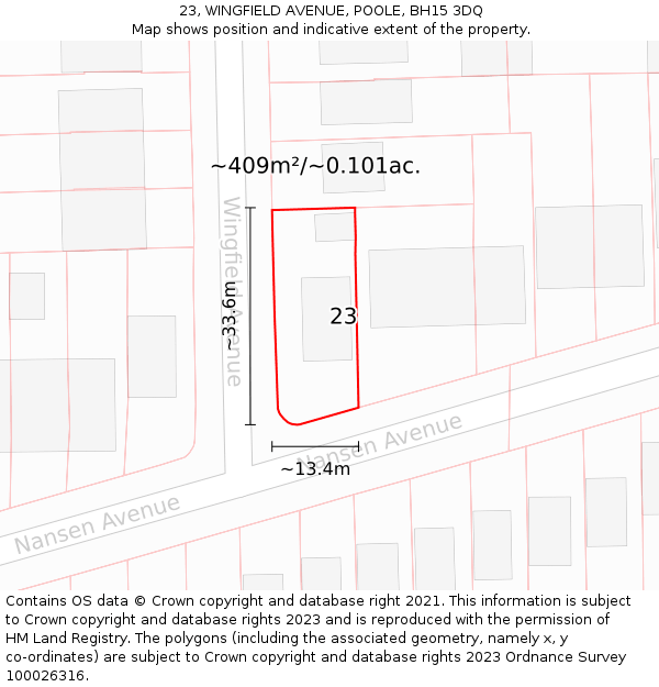 23, WINGFIELD AVENUE, POOLE, BH15 3DQ: Plot and title map
