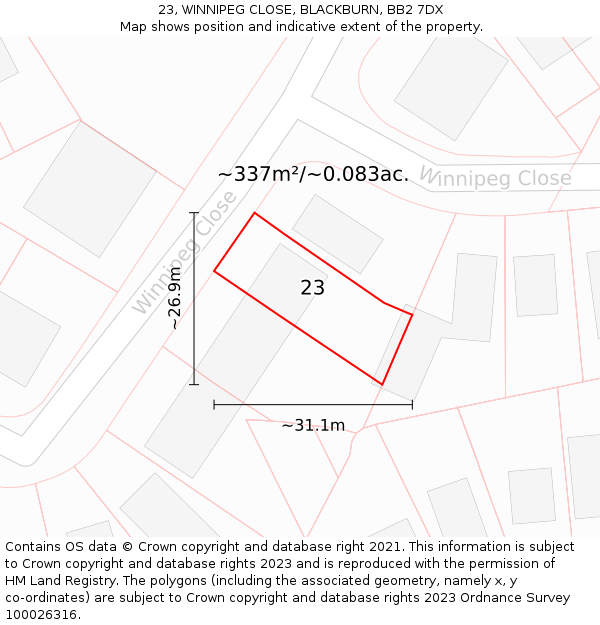 23, WINNIPEG CLOSE, BLACKBURN, BB2 7DX: Plot and title map