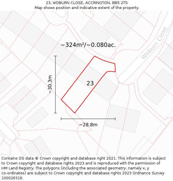 23, WOBURN CLOSE, ACCRINGTON, BB5 2TS: Plot and title map