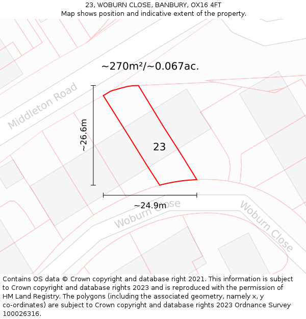 23, WOBURN CLOSE, BANBURY, OX16 4FT: Plot and title map
