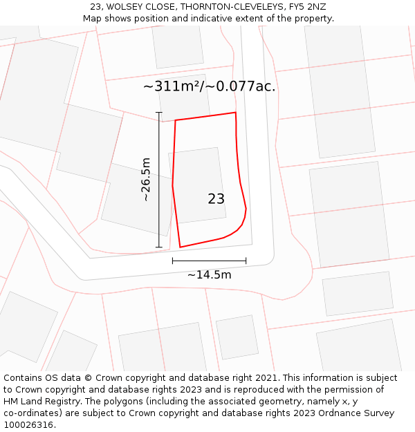 23, WOLSEY CLOSE, THORNTON-CLEVELEYS, FY5 2NZ: Plot and title map