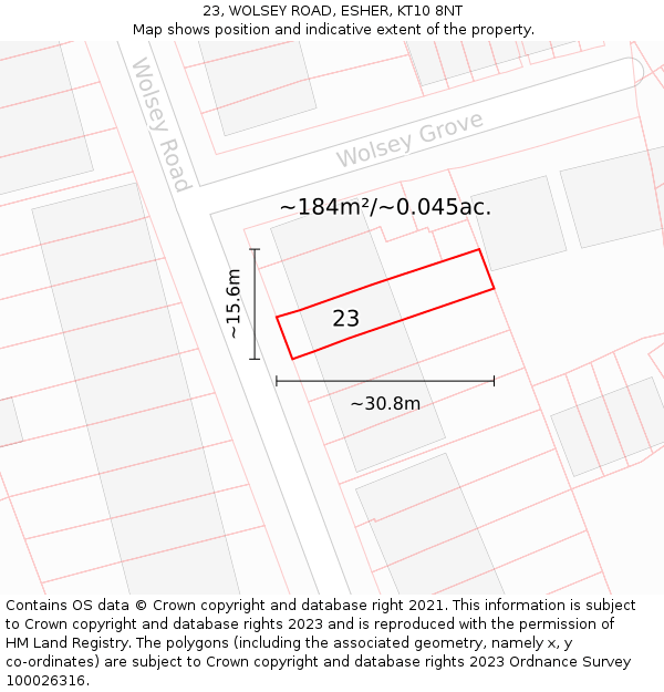 23, WOLSEY ROAD, ESHER, KT10 8NT: Plot and title map
