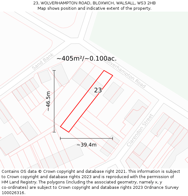 23, WOLVERHAMPTON ROAD, BLOXWICH, WALSALL, WS3 2HB: Plot and title map