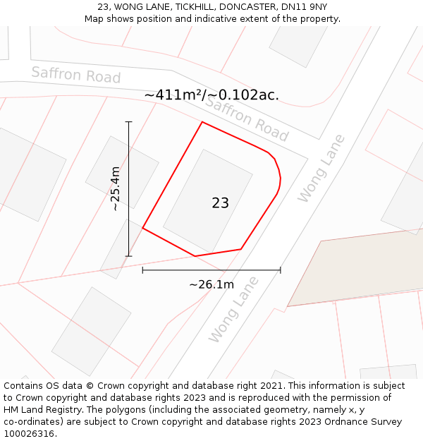 23, WONG LANE, TICKHILL, DONCASTER, DN11 9NY: Plot and title map