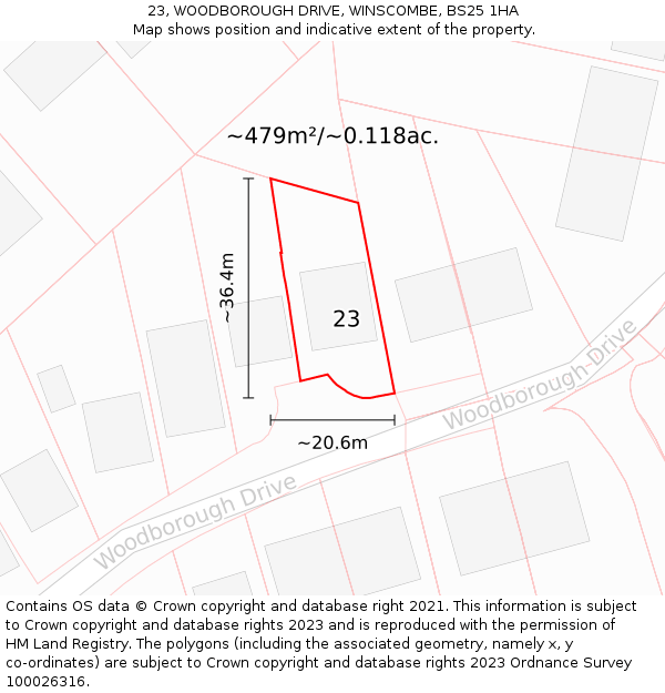 23, WOODBOROUGH DRIVE, WINSCOMBE, BS25 1HA: Plot and title map