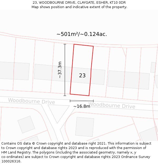 23, WOODBOURNE DRIVE, CLAYGATE, ESHER, KT10 0DR: Plot and title map