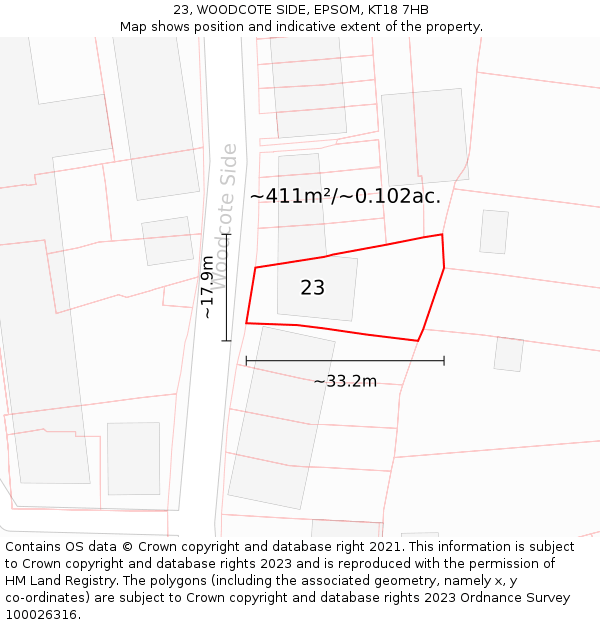 23, WOODCOTE SIDE, EPSOM, KT18 7HB: Plot and title map